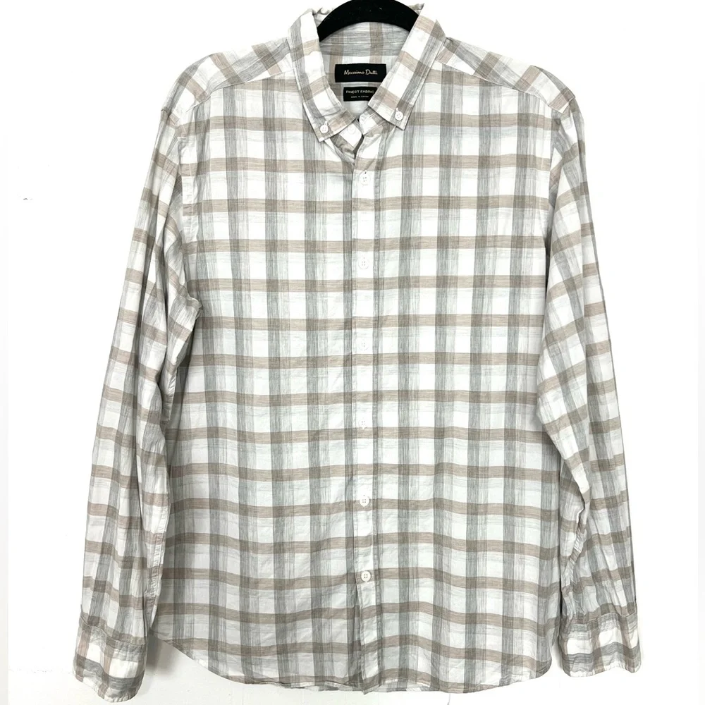 Massimo Dutti Finest Fabric Button Down Shirt Large Brown Grey White Plaid - Picture 1 of 4